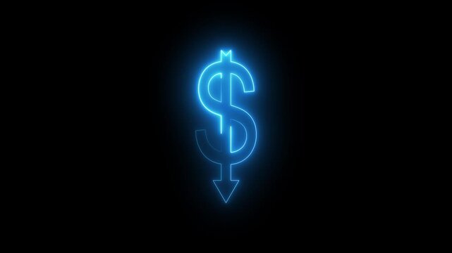 Neon Glowing Dollar Symbol with Downward Arrow Icon Animation on Black Background, Looping Financial Decline and Loss Symbol for Expense Increase, Revenue Drop, Market Downtrend, Business Finance UI