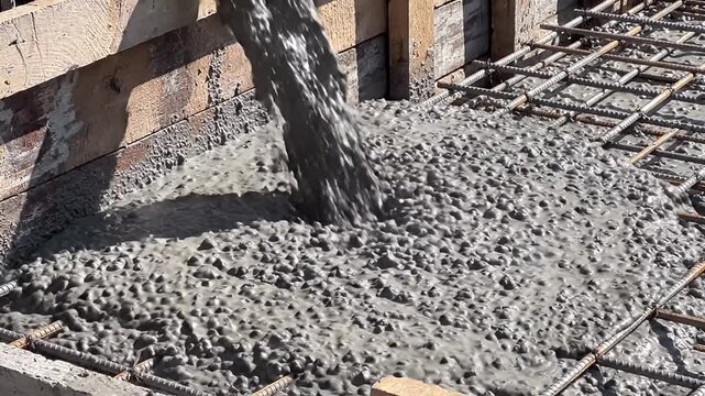 Freshly mixed wet concrete flows from a chute into a wooden formwork containing a steel rebar grid during a major construction foundation pour