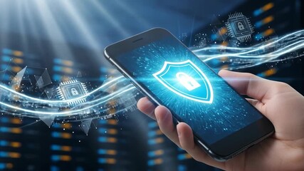 Secure mobile technology with digital lock symbol in data center background