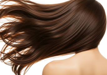 Close up of long brown hair isolated on transparent background, blowing in wind