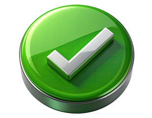 3D-rendered shiny green button with a silver checkmark, isolated