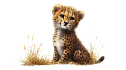 Cheetah cub sitting calmly in tall grass
