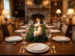 Fototapeta premium A beautifully set dining table with a festive candle centerpiece, ready for a special meal in a cozy home with a fireplace in the background.