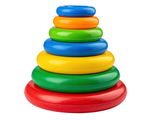Colorful, stacked rings forming a toy tower against a black backdrop