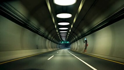 Driving through illuminated tunnel footage with perspective view moving forward cinematic road trip adventure transportation technology inside infrastructure