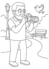 Coloring book Dad photographing bird flying in park