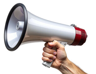 Hand holding a white, grey, and red megaphone against a black background