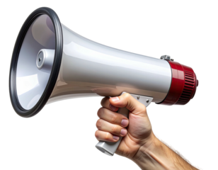 Hand holding a white, grey, and red megaphone against a black background