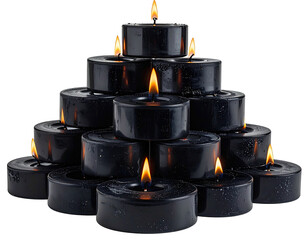 Pyramid of burning black candles against a black background