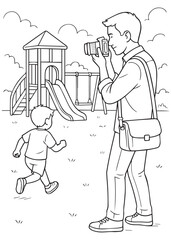 Coloring book Dad taking photo of child at playground