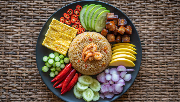 Authentic Thai Shrimp Paste Fried Rice (Khao Kluk Kapi) Garnished with Sweet Pork, Omelet, and Fresh Vegetables
