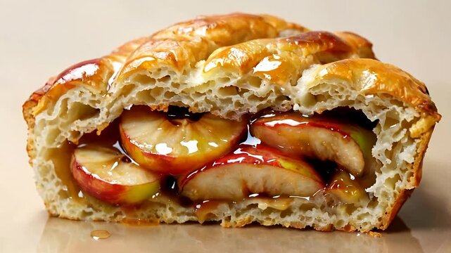 Close Up Of Glazed Apple Pastry Slice With Caramel Filling.