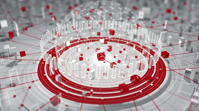 A cityscape with a red and white circle in the center. Confidential data sharing ecosystem, abstract visualization balancing connectivity and protection, clean corporate editorial