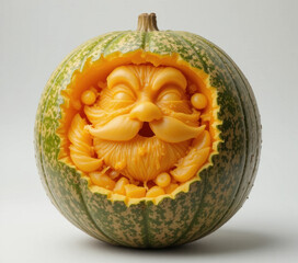Carved pumpkin with detailed, joyful face design, showcasing intricate craftsmanship and creativity. pumpkin green and orange hues add to its festive appearance