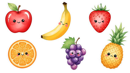 collection of cute ripe fruits and berries featuring a healthy set of isolated apple, banana, strawberry, and citrus vectors on a transparent background