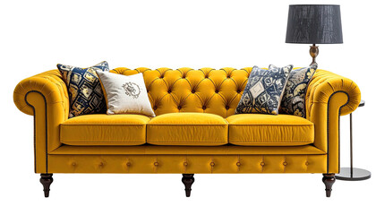 Luxurious yellow button-tufted sofa with pillows, lamp, dark background