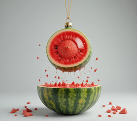 Suspended watermelon ornament with cut section reveals juicy red flesh and seeds, surrounded by scattered pieces, creating surreal and playful scene