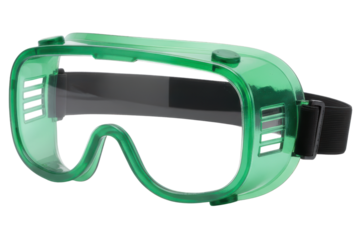 Green plastic safety goggles with black strap for protection isolated on a transparent background