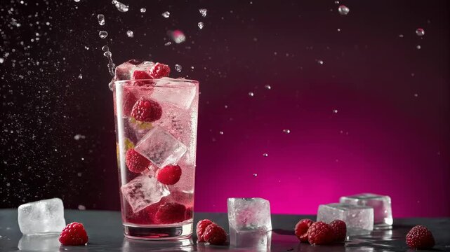 Refreshing raspberry drink with ice cubes and splashes, creating an appealing visual. A perfectly composed drink with freshness and vibrant colors