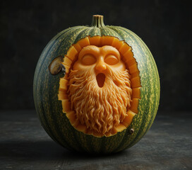 Carved pumpkin features intricate face with detailed beard and open mouth, showcasing impressive artistry. green and orange hues contrast beautifully, highlighting craftsmanship