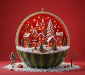 Whimsical winter village scene is crafted inside watermelon, featuring snow covered houses, trees, and festive decorations against vibrant red background