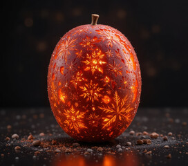 Beautifully carved pumpkin glows warmly with intricate floral patterns, creating festive and enchanting atmosphere. delicate designs illuminate dark background, highlighting artistry