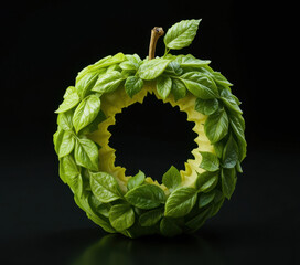 Creatively carved green apple with intricate leaf patterns forms circular shape against dark background, showcasing artistic fruit carving