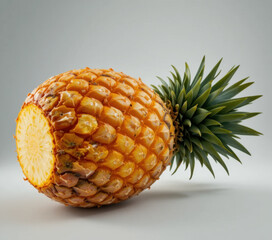 Fresh pineapple with vibrant green leaves and juicy yellow interior is displayed on neutral background, highlighting its tropical appeal and natural texture
