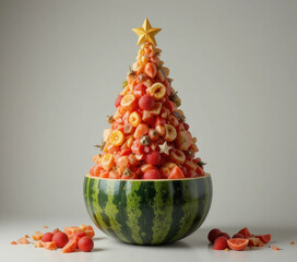 Creative fruit arrangement shaped like Christmas tree, featuring variety of fruits such as strawberries, bananas, and oranges, is displayed in watermelon bowl with star on top