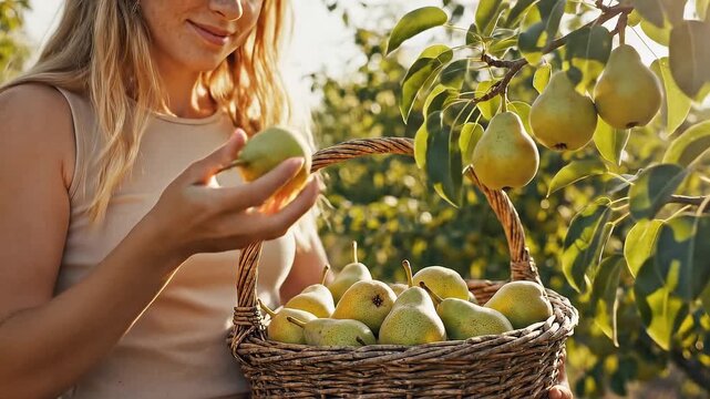 Young woman harvesting ripe pears from tree into wicker basket in sunny organic orchard