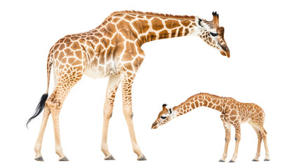 Adult giraffe and calf feeding together
