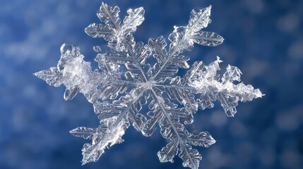 Close Up of a Symmetrical Snowflake on a Gradient Blue Background with Soft Lighting for Scientific Study and Atmospheric Beauty