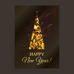 New Year Card with Christmas Golden Glitter Tree Vector