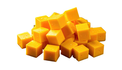 A pile of perfectly cubed, bright yellow, fresh fruit on black