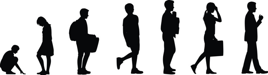 Silhouettes of human growth stages from childhood to adulthood showing posture, identity, and life progression in side view