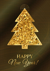 Christmas Glitter Golden Tree with Radar Vector New Year Card