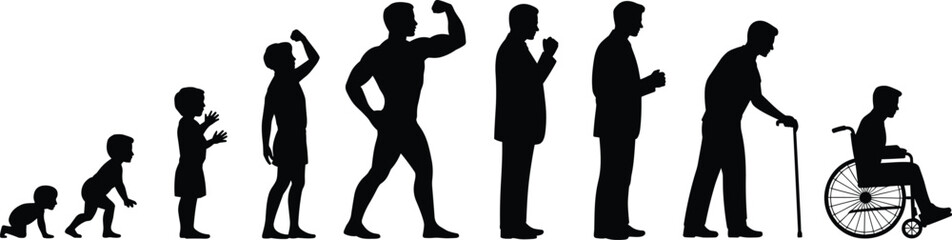 Silhouettes of male life stages from crawling baby to elderly man in wheelchair showing aging and physical transformation