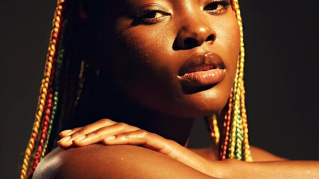 Striking portrait of a young black woman with vibrant multicolored box braids illuminated by dramatic warm studio lighting highlighting her glowing skin