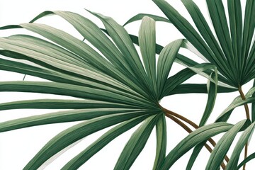 Close Up of Green Palm Fronds Against White Background With Sunlight Highlighting Leaf Texture Creating a Natural Organic Look