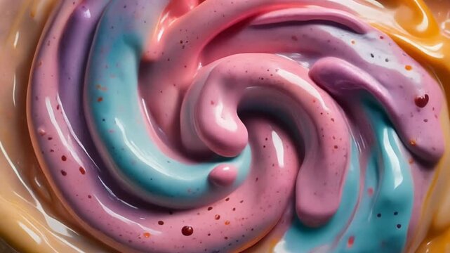Swirl of pink, purple, and blue icing or cream. Suitable for bakery designs, dessert menus, confectionery branding, and sweetthemed backgrounds.