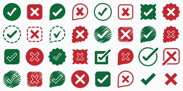 Checkmark and X mark icon. check and uncheck icon vector.  Correct error vector symbol. Vote checkmark in circle and square box. Vector illustration.