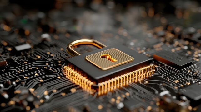 3D golden padlock symbol integrated into a high-tech computer circuit board representing cybersecurity and data protection