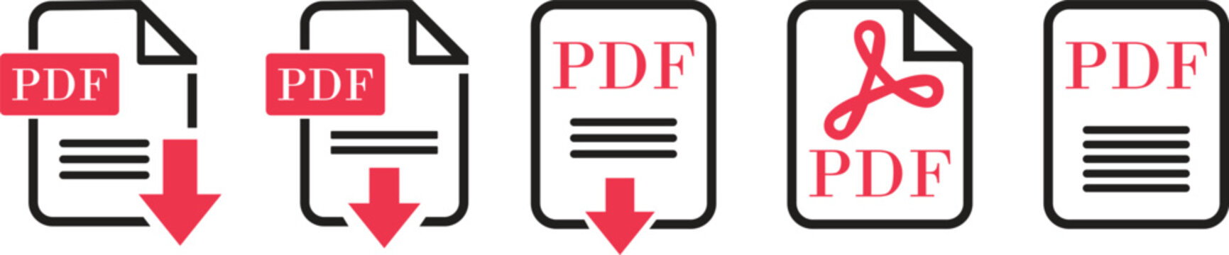 PDF File Format icon set. PDF file download symbols. Format for texts, images, vector images, interactive forms. Type document, symbol web format information, file format symbol. Vector illustration.