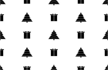 seamless pattern with tree and gift box xmas. black and white