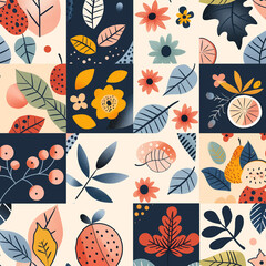 Modern floral vector pattern with decorative flowers and leaves in colorful geometric blocks, seamless botanical background design