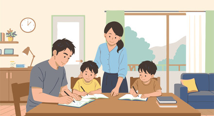 Loving parents provide educational support and guidance to their young sons during a focused homework session at home, encouraging academic growth in a nurturing family environment