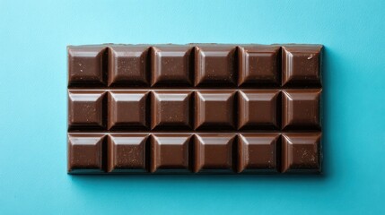 Dark Chocolate Bar with Square Sections on a Bright Blue Background Casting Soft Shadows
