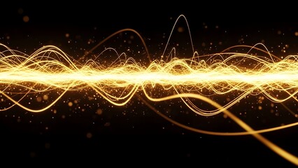 Abstract golden light wave energy flow with sparkling particles on a dark background for technology