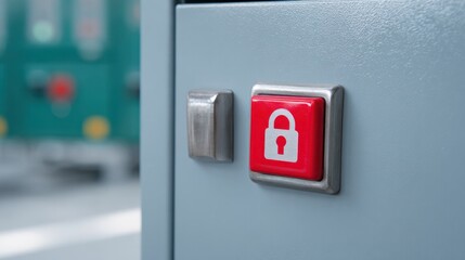 Security Switch: A close-up shot of a red security button, adorned with a white lock icon, positioned prominently on an industrial control panel.