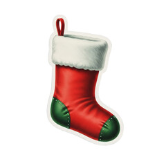 Christmas stocking hanging on a white background with red and green fabric